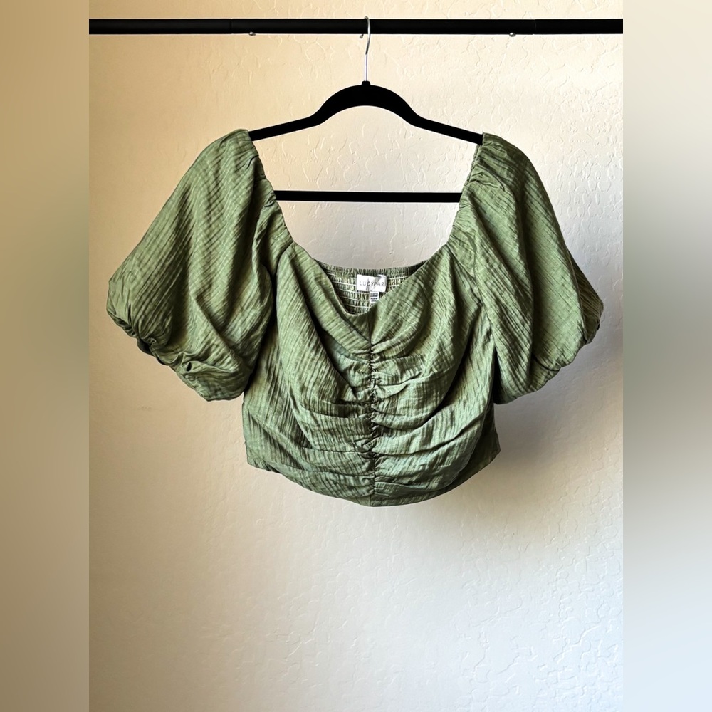 Lucy Paris Puff Sleeve Smocked Crop Top in Green M